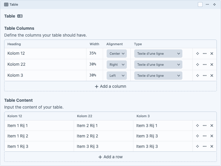Bloc Table dans le Content Builder