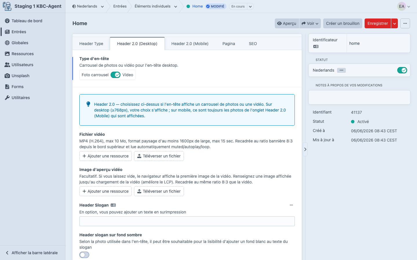 Header 2.0 (Desktop) — choix entre carrousel photo et vidéo