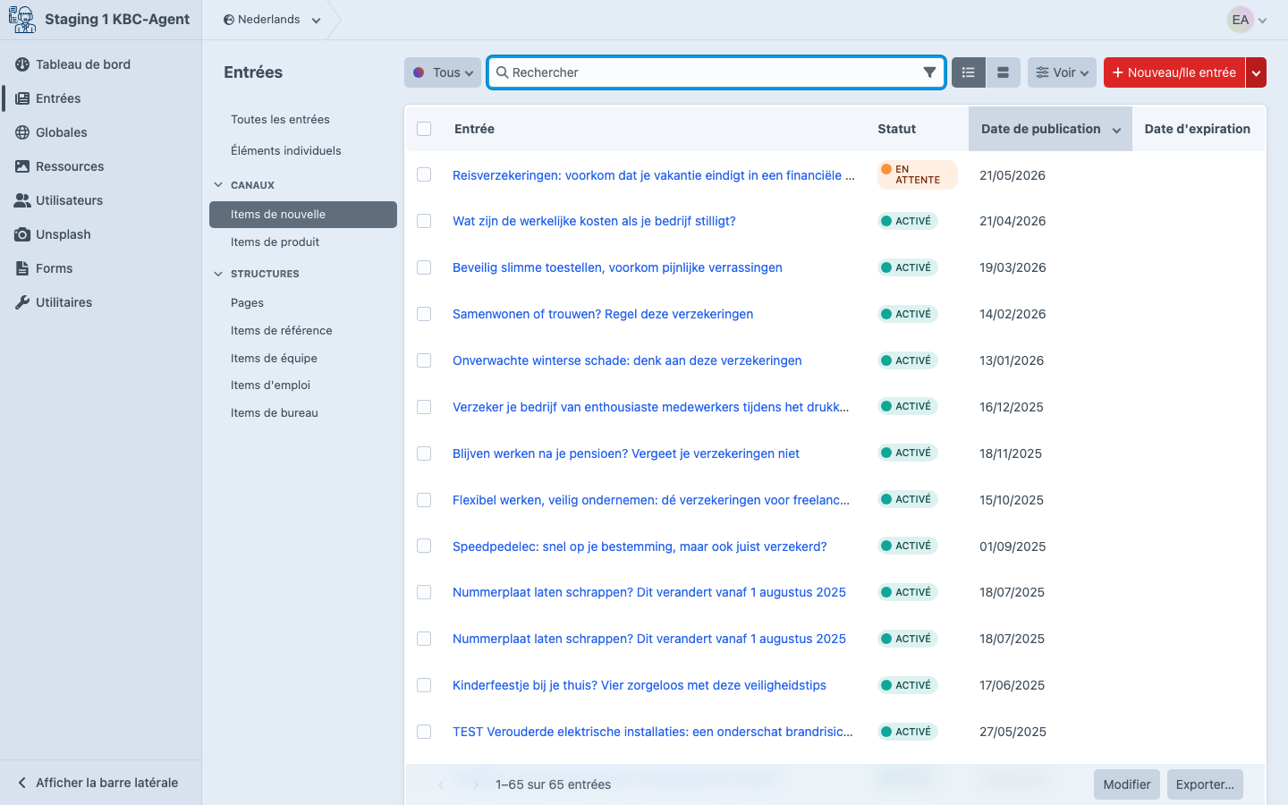 Section Actualités dans le CMS