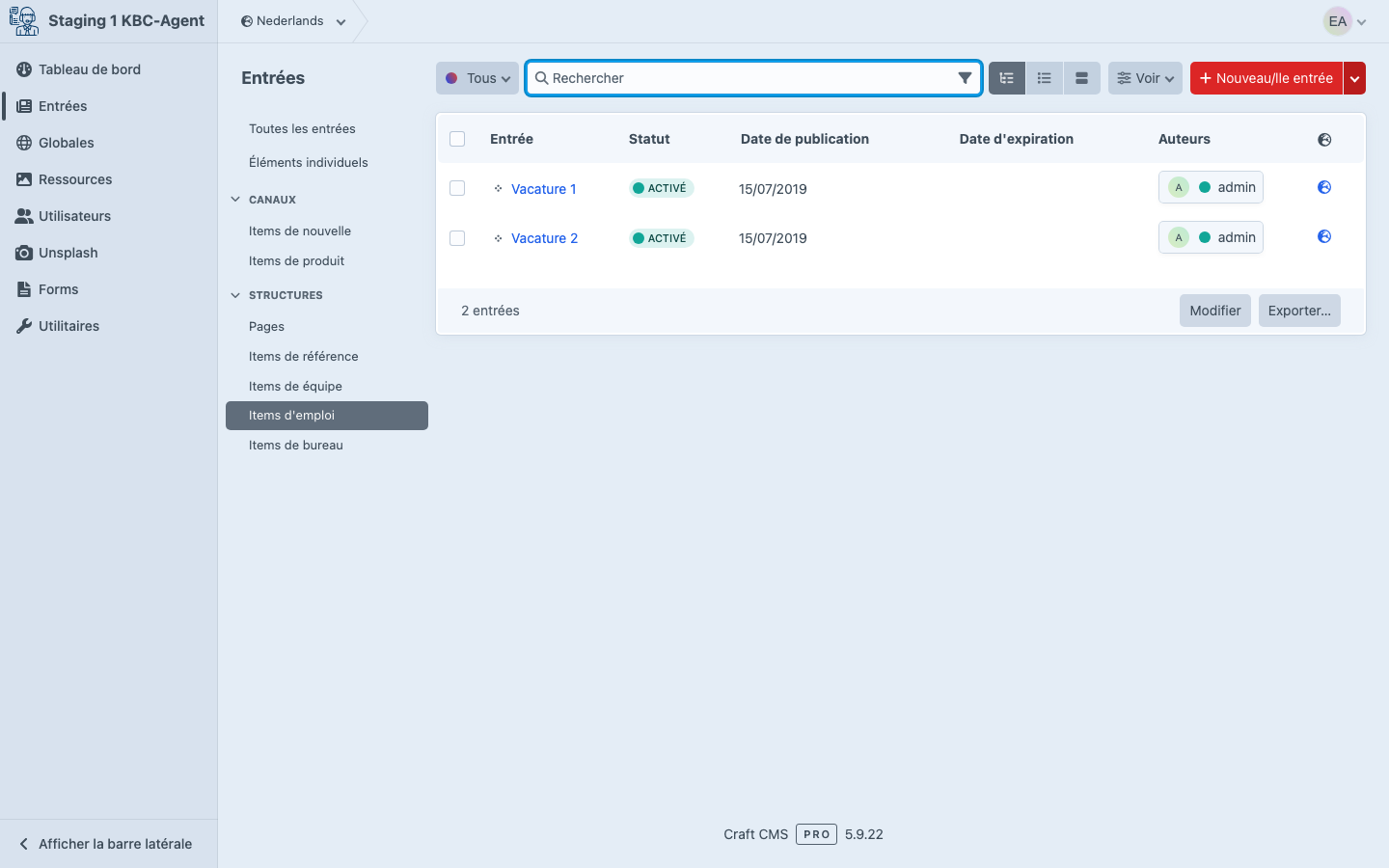 Section Offres d'emploi dans le CMS