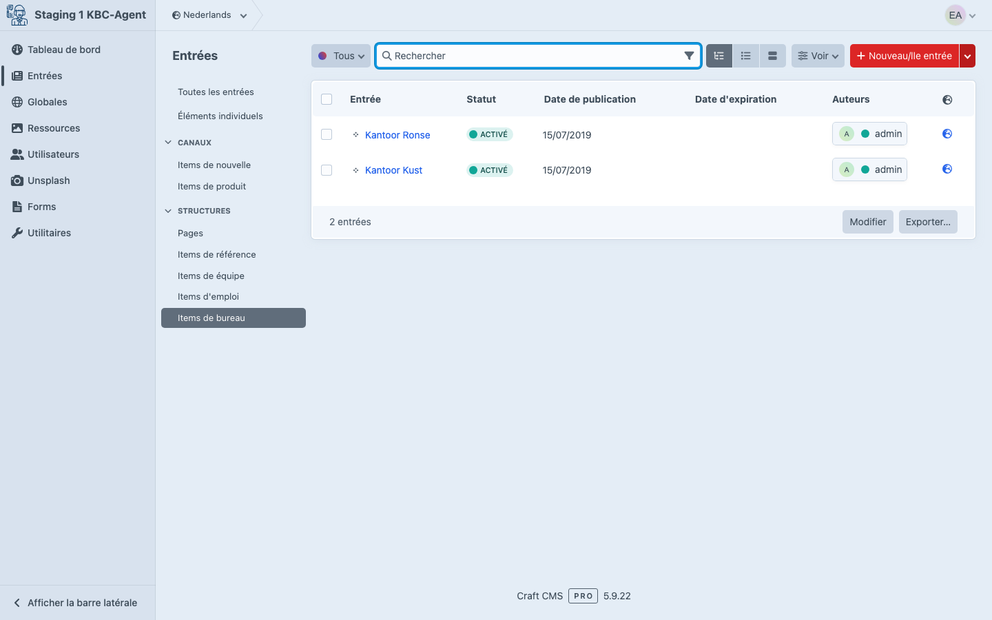 Section Bureaux dans le CMS