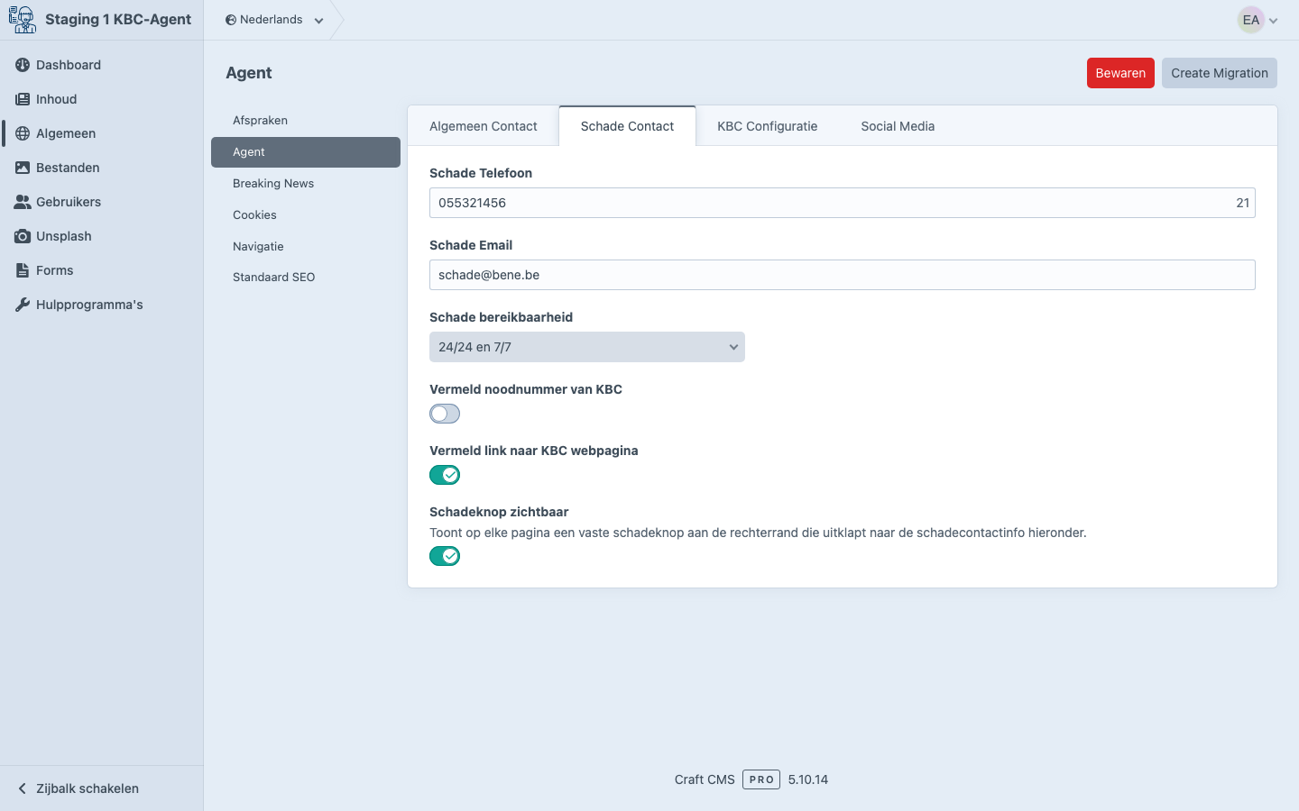 Tab Schade Contact met de schakelaar Schadeknop zichtbaar