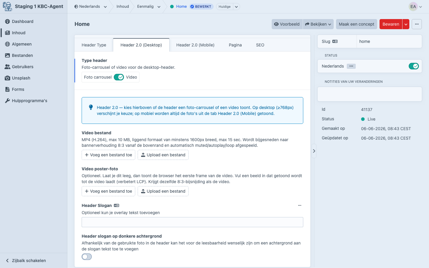 Header 2.0 (Desktop) — keuze tussen fotocarrousel en video