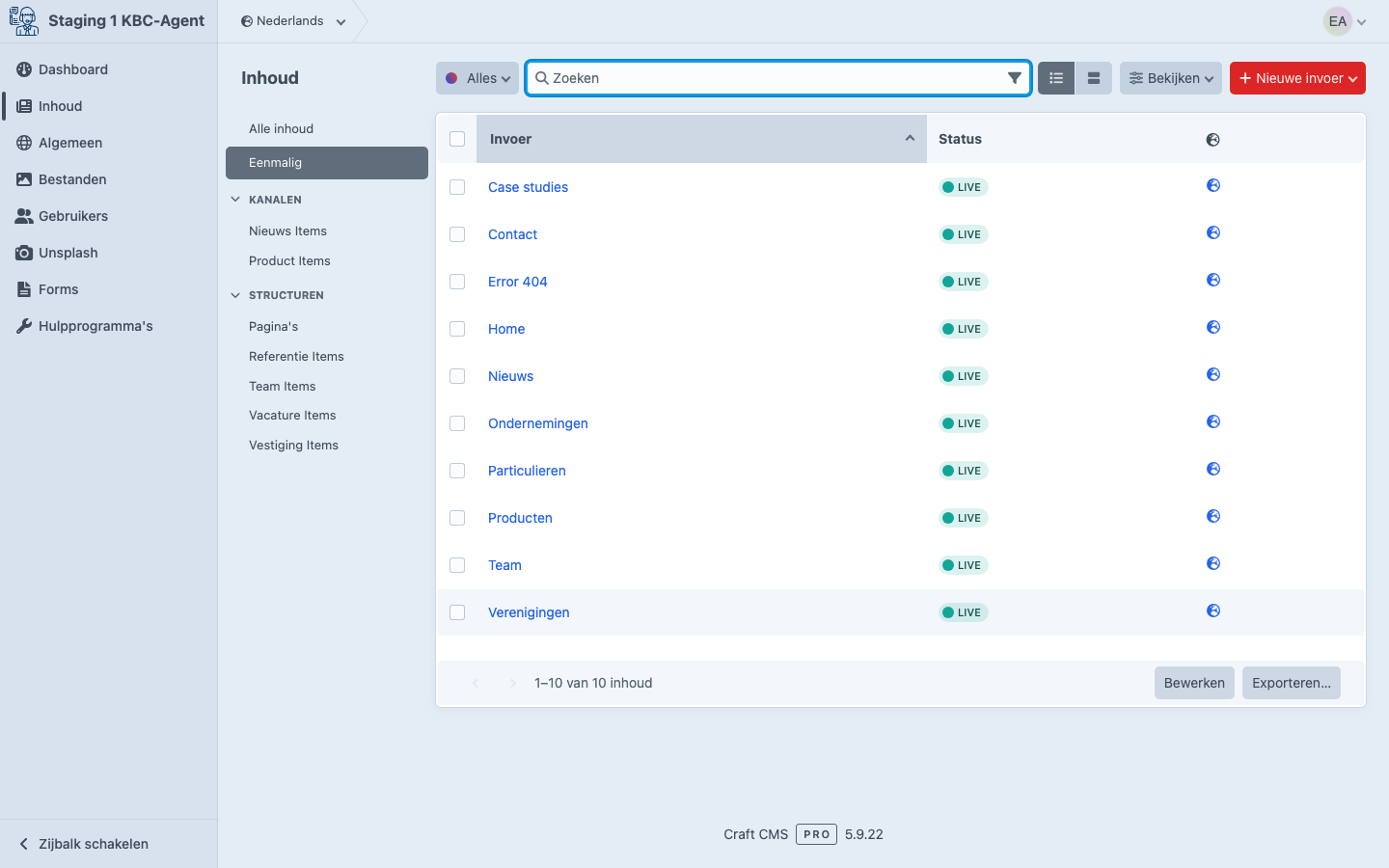 Homepage in het CMS
