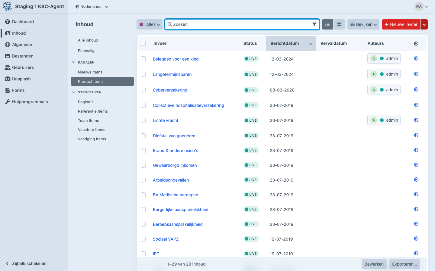 Producten-sectie in het CMS
